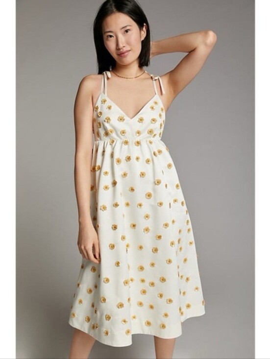 Dhruv Kapoor Dresses & Skirts - NWT ANTHROPOLOGIE DHRUV KAPOOR WHITE TIE SHOULDER MIDI DRESS WITH YELLOW DAISY